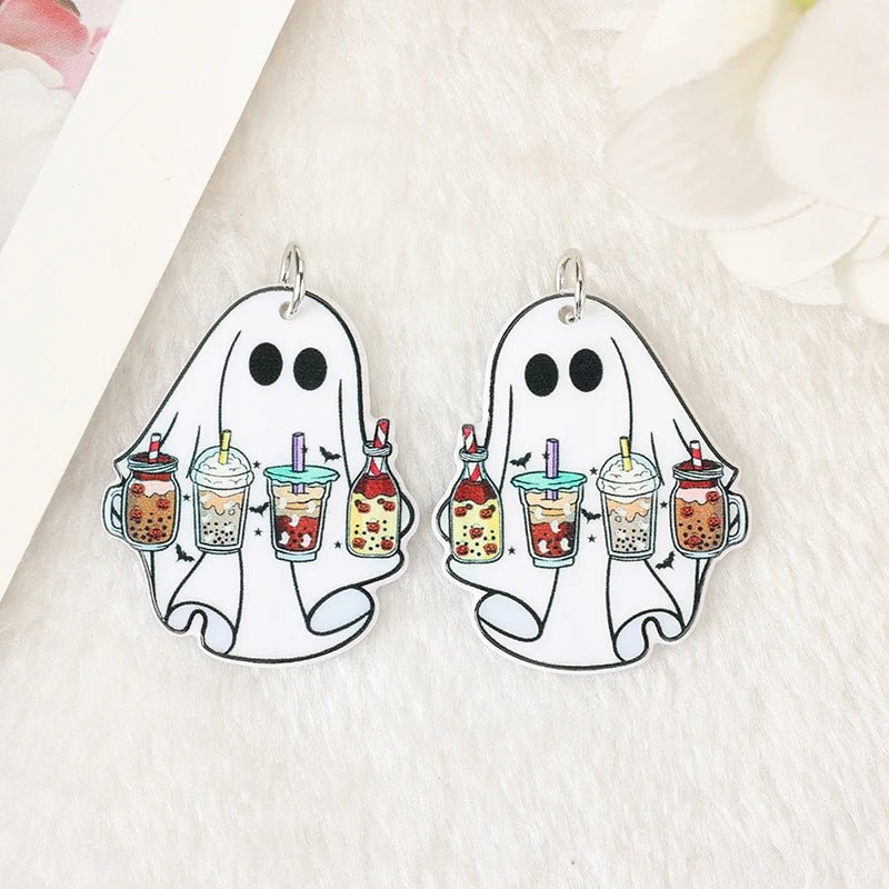 6Pcs Halloween Charms Creative Acrylic Funny Reading Flower Ghost Pendant For Necklace Keychain Diy Making