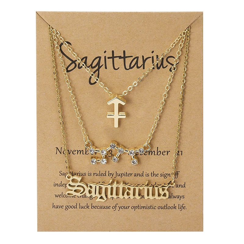 3Pcs/set 12 Zodiac Sign Necklaces Set For Women Constellation Pendant Chain Choker Birthday Jewelry With Cardboard Card