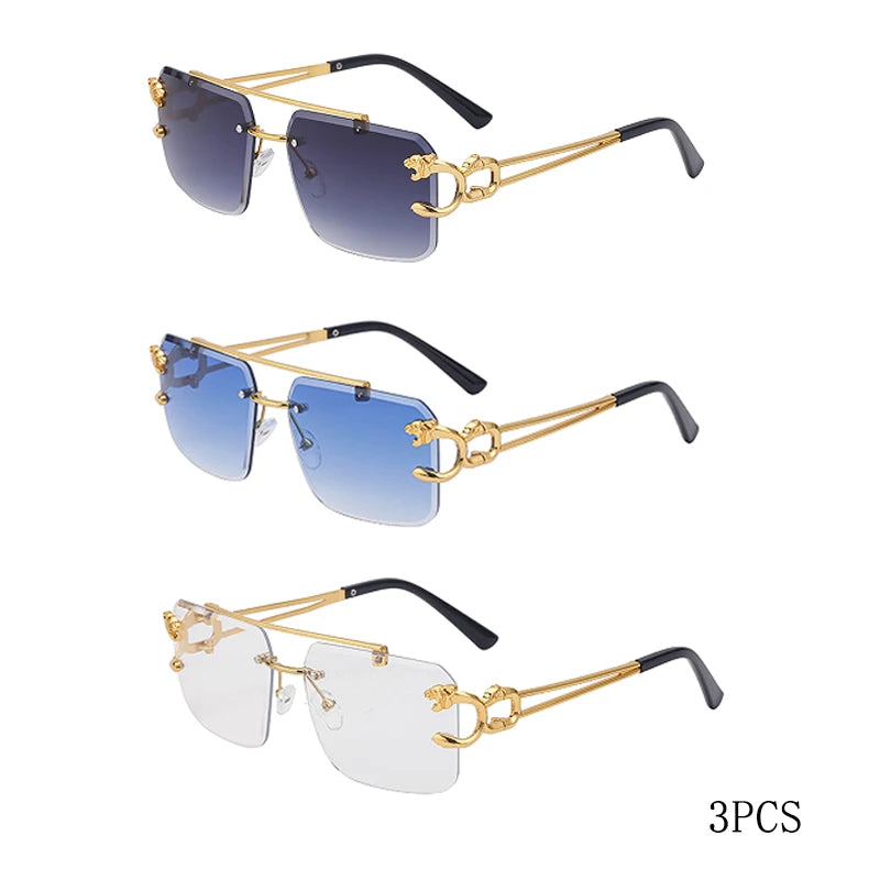 Fashion Metal Leopard Rimless Sunglasses Double Bridges Gradient Ocean Film Shades UV400