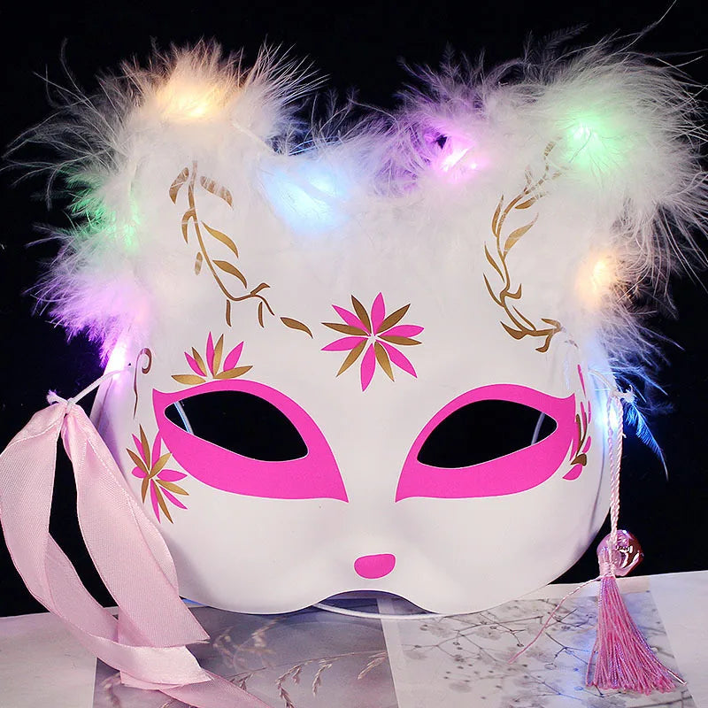Luminous Led Mask Japanese Foxes Mask Rave Costume Anime Half Face Cat Masks Masquerade Festival Halloween Party Cosplay Props