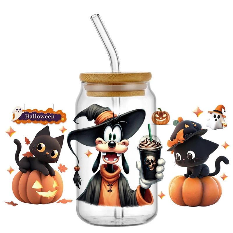 Miniso Halloween Stitch Mixed Cartoon Pattern Transfer Stickers Waterproof UV DTF Cup Wraps 3D Wrap Decal For 16oz Libbey Glass