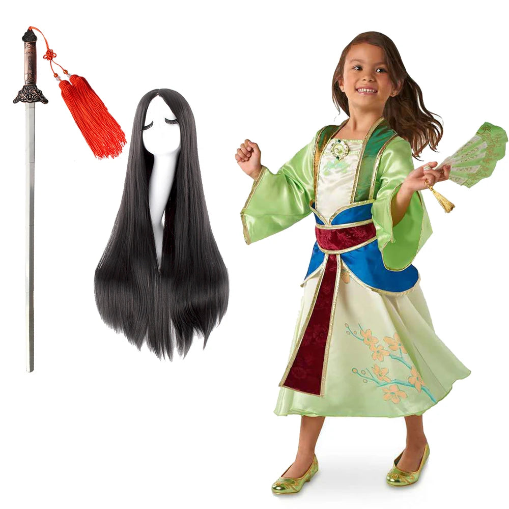 Halloween Girls Mulan Dress Children Fancy Fairy Princess Dress Up Chinese Style Christmas Vintage Green Floral Dresses Hanfu