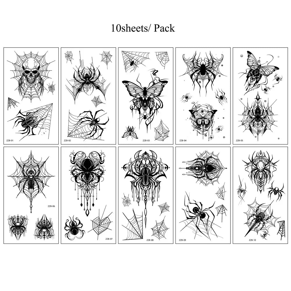 10Pcs Halloween Temporary Tattoo Stickers For Women Men Waterproof Spider Web Fake Tattoos For Face & Body Makeup