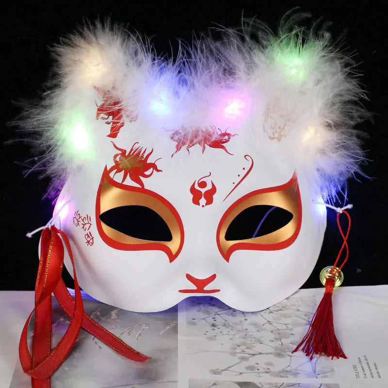 Luminous Led Mask Japanese Foxes Mask Rave Costume Anime Half Face Cat Masks Masquerade Festival Halloween Party Cosplay Props