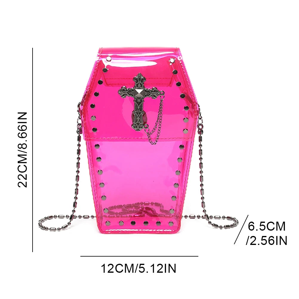 2024 Novelty Coffin Shape Purse Halloween PVC Clear Jelly Chain Crossbody Bag Stadium Approved Phone Bag Punk Retro Shoulder Bag