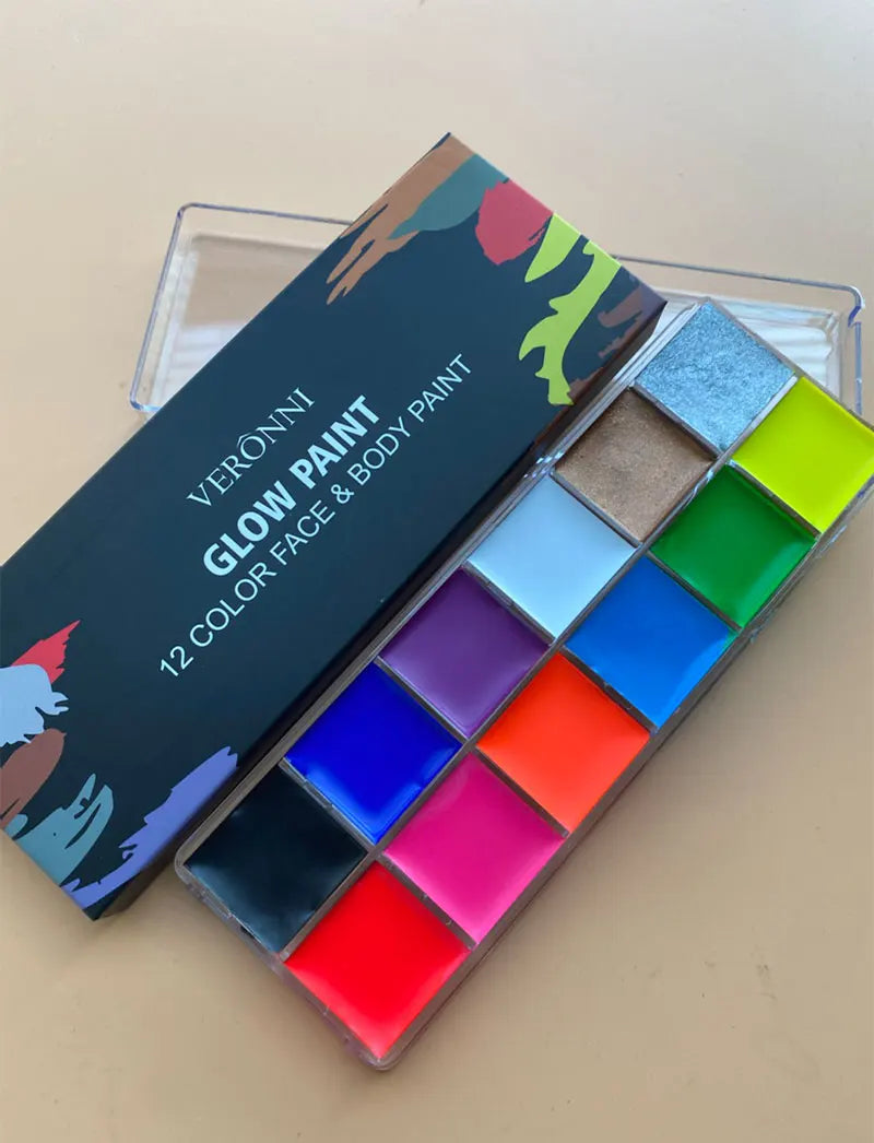 12 Cores UV Glow Paint Fluorescent Neon Oil Face Body Cosmetic Palette for Halloween Party Paint Fancy Dress Kid Cosplay Makeup