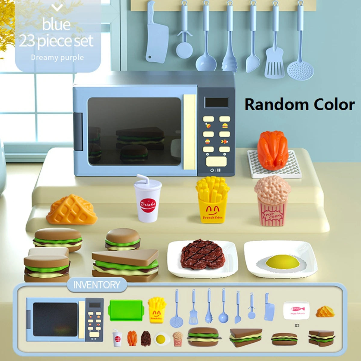 Toy Microwave Oven Playset with Light and Sound, Toy kitchen Appliances for Kids, Play kitchen accessories and Toy Food for Kids