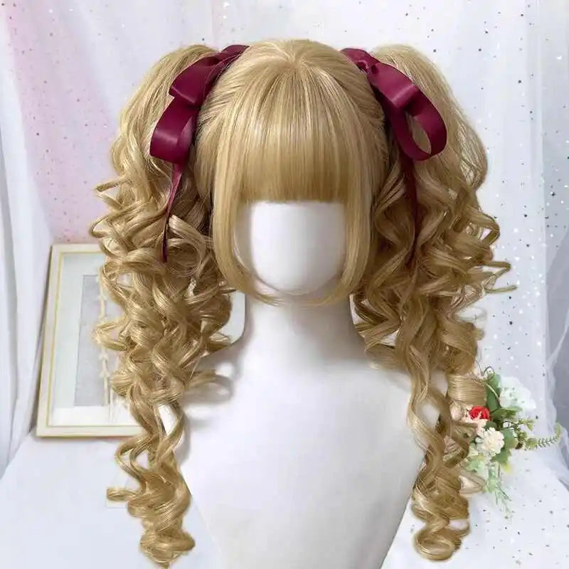 Synthetic Short Lolita Cosplay Christmas Halloween Bob Brown Blonde LM Wig With Long Curly Ponytail Natural Fake Hair for Women