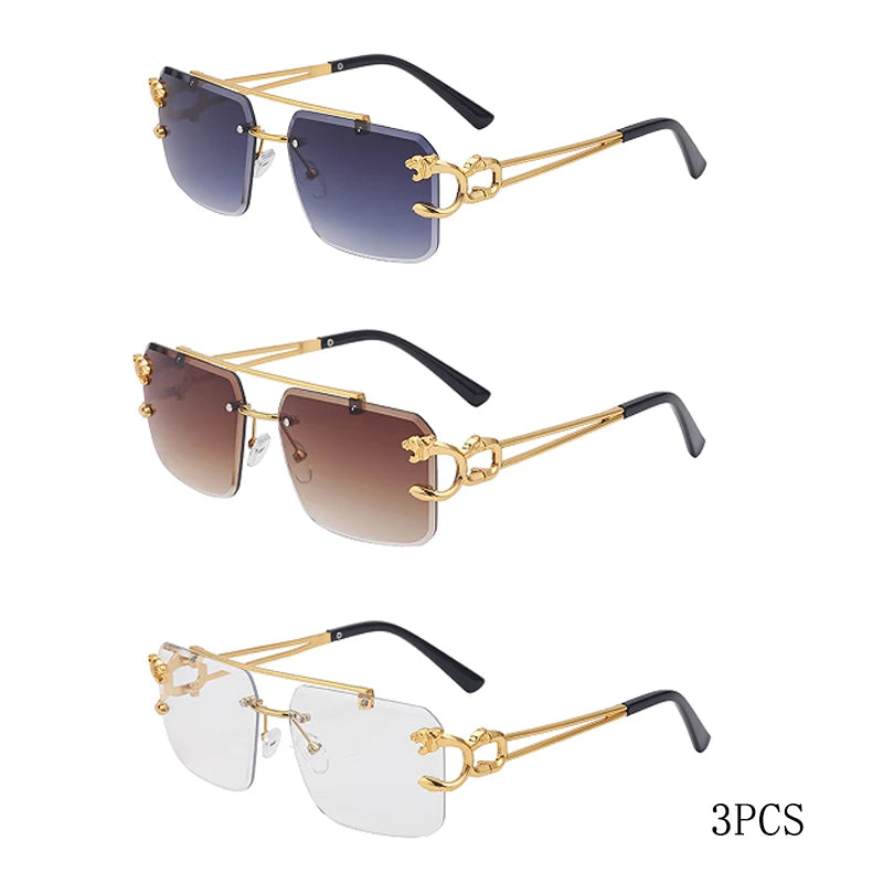 Fashion Metal Leopard Rimless Sunglasses Double Bridges Gradient Ocean Film Shades UV400