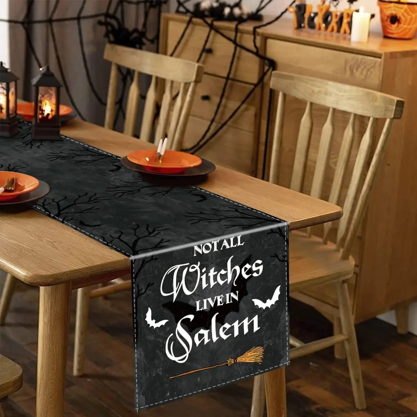 Halloween Bats Broom Not All Witches Live in Salem Holiday Runners Farmhouse Restaurant  Home Kitchen Interiors