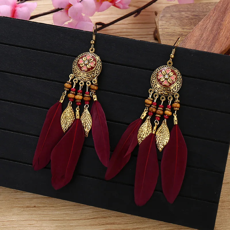 Bohemian Vintage Jewelry For Women 2024 Trendy Carved Leaf Feather Tassel Long Earrings