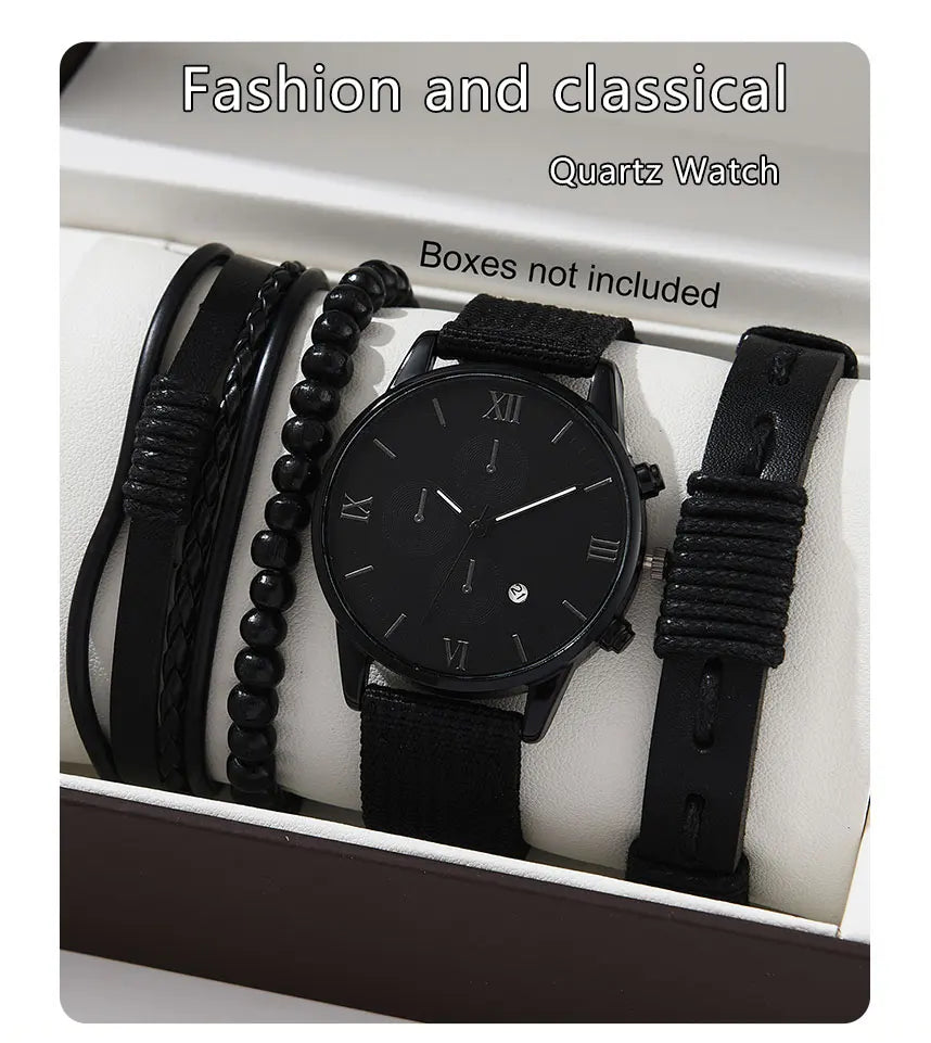 New Men's Watch Luxury Bracelet Multi Piece Set Fashion Business Black Leather Quartz Watch Men's Gift Set Reno Masculino