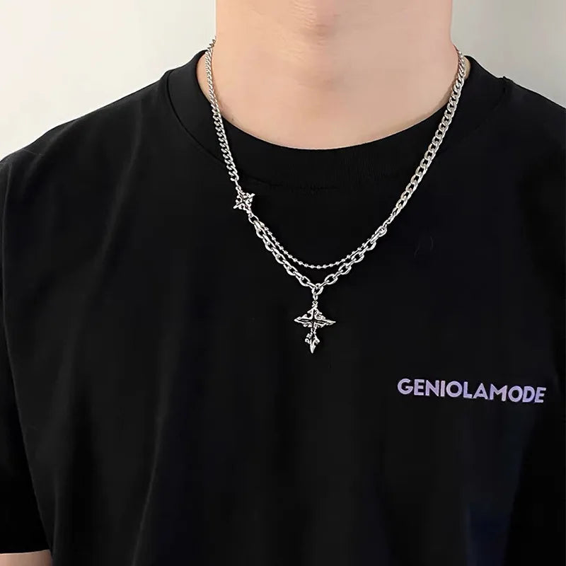 Y2K Grunge Hip Hop Halloween Jewelry Accessories Punk Metal Back Cross Pendant Silver Color Chain Necklace for Women Men 1pcs