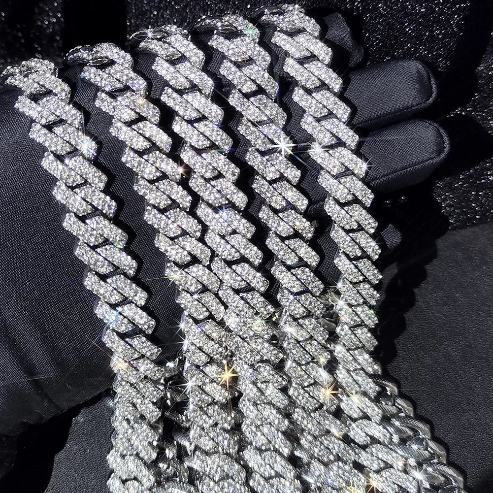 Silver Color 14mm Prong Miami Cuban Link Chain Necklace For Women Iced Out 2 Row Rhinestones Square Cuban Link Choker Jewelry