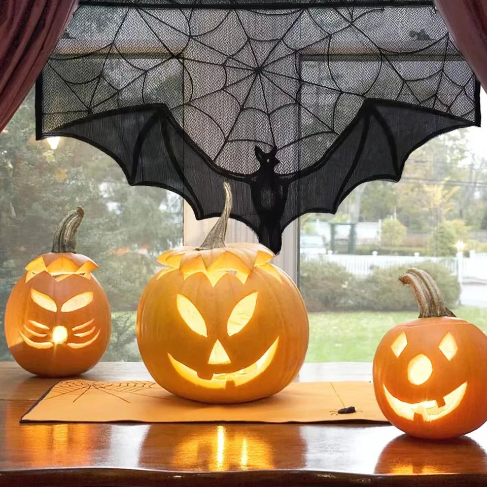 Halloween Lace Curtains Black Bat Tablecloth Hearthstone Scarf Cover Family Room Spider Web Horror Decoration Party Decoration
