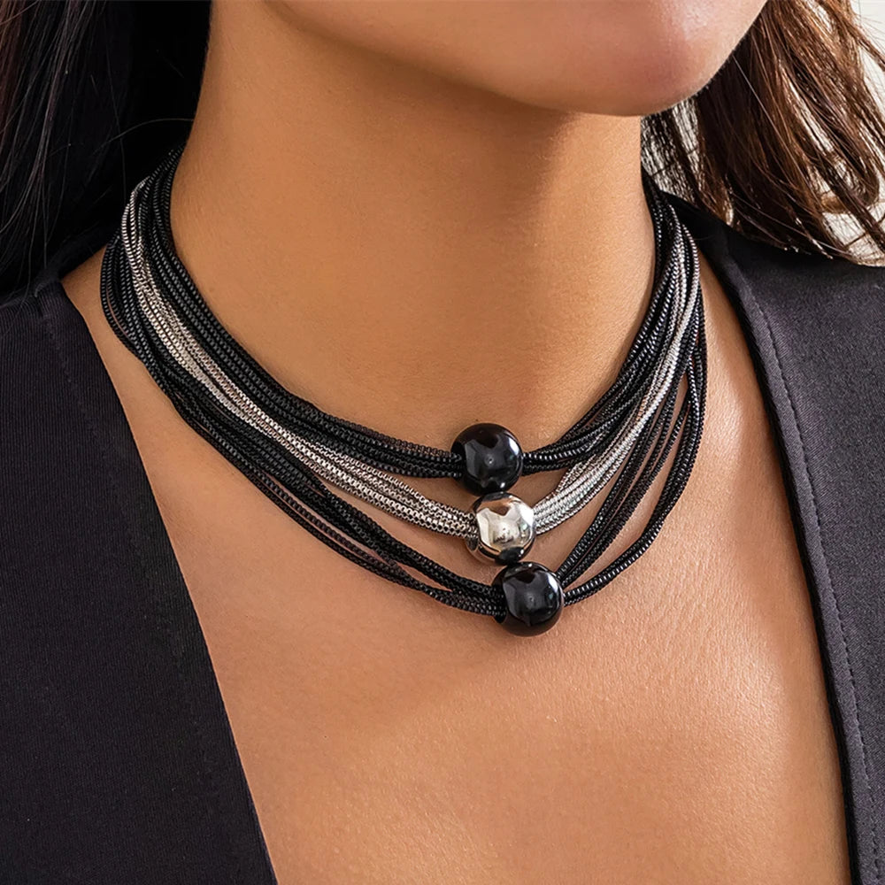 IngeSight.Z Gothic Multi Layered Mixed Color CCB Big Ball Choker Necklace Women Punk Black Box Chain Necklace Halloween Jewelry