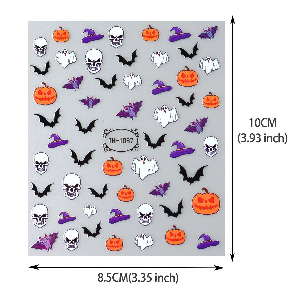 Nail Stickers Halloween Series Bat Skull Bone Ghost Pumpkin Pattern 3D Self Adhesive Decals For Nails Manicure Decoration LATH