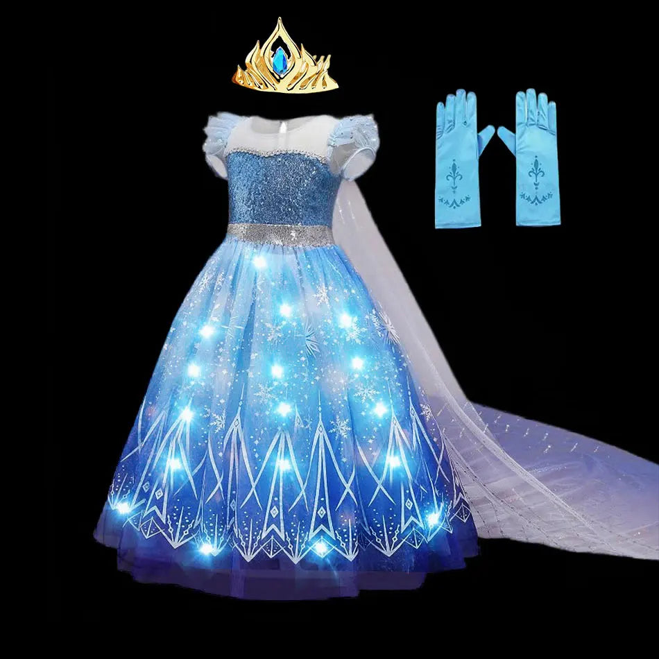 Disney Girl Elsa Role Playing Dress Light Up Kid Halloween Frozen Carnival Apparel Girls Birthday Cosplay Princess Glowing Dress