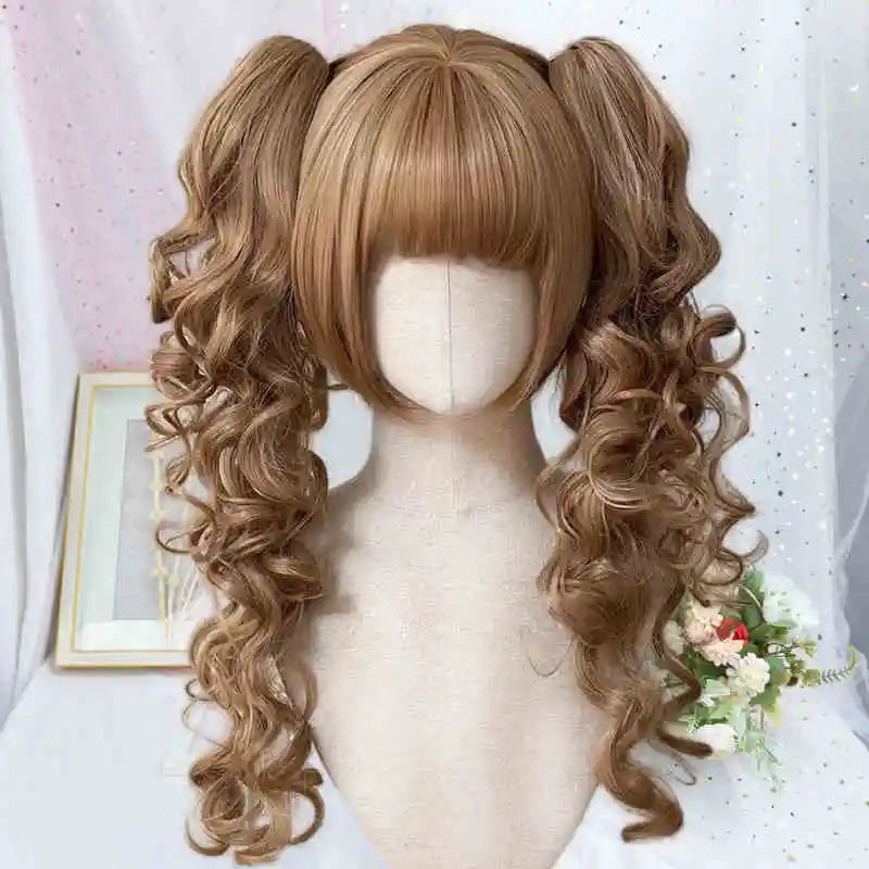Synthetic Short Lolita Cosplay Christmas Halloween Bob Brown Blonde LM Wig With Long Curly Ponytail Natural Fake Hair for Women