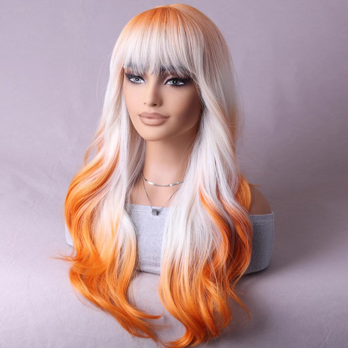 Peach shade shade wig Ladies dark red white shade shade wig with bangs Heat resistant synthetic wig Halloween cosplay party wig