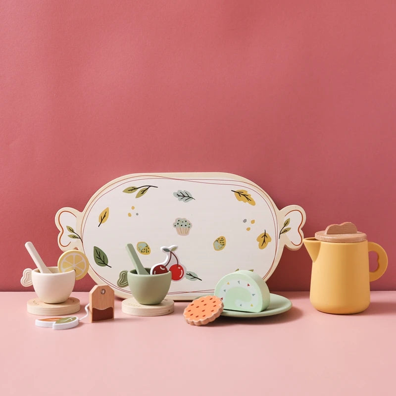 Kids Wooden Montessori Toys Afternoon Tea Set Pretend Play Kitchen Food Learning Role Play Game Baby Early Educational Toys Gift