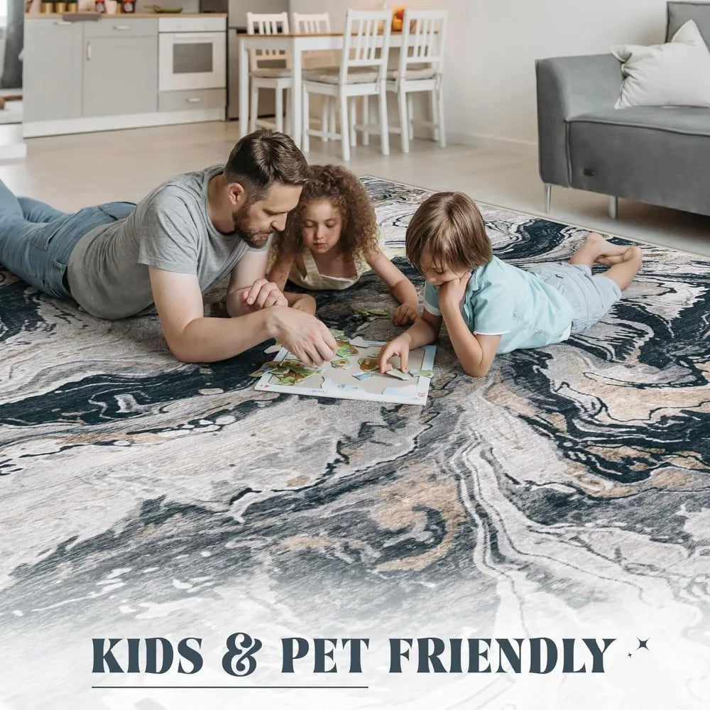 Large Neutral Abstract Area Rugs for Living Room and Bedroom: Modern Marble Design, Washable, Soft, and Non-Slip Indoor Carpets