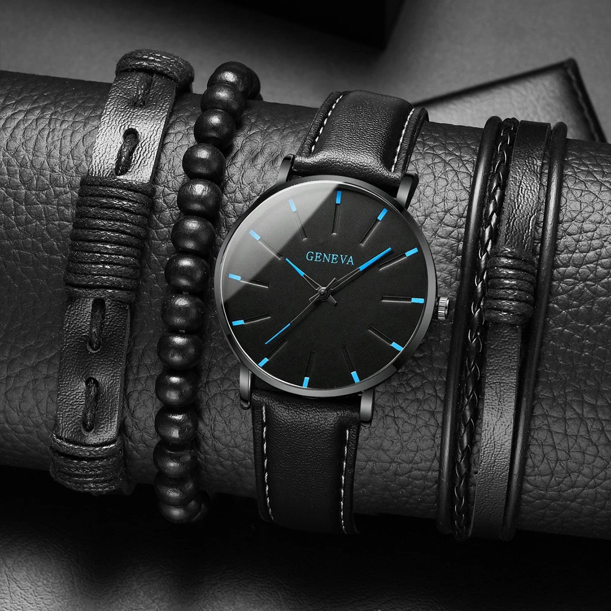 New Men's Watch Luxury Bracelet Multi Piece Set Fashion Business Black Leather Quartz Watch Men's Gift Set Reno Masculino