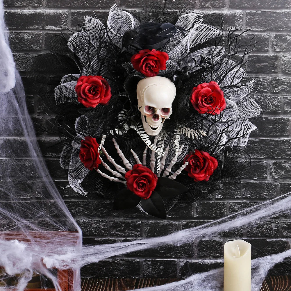 Halloween Wreath Scary Red Rose Wreath Halloween Skeleton Wreath for Haunted Mansion Halloween and Party Supplies