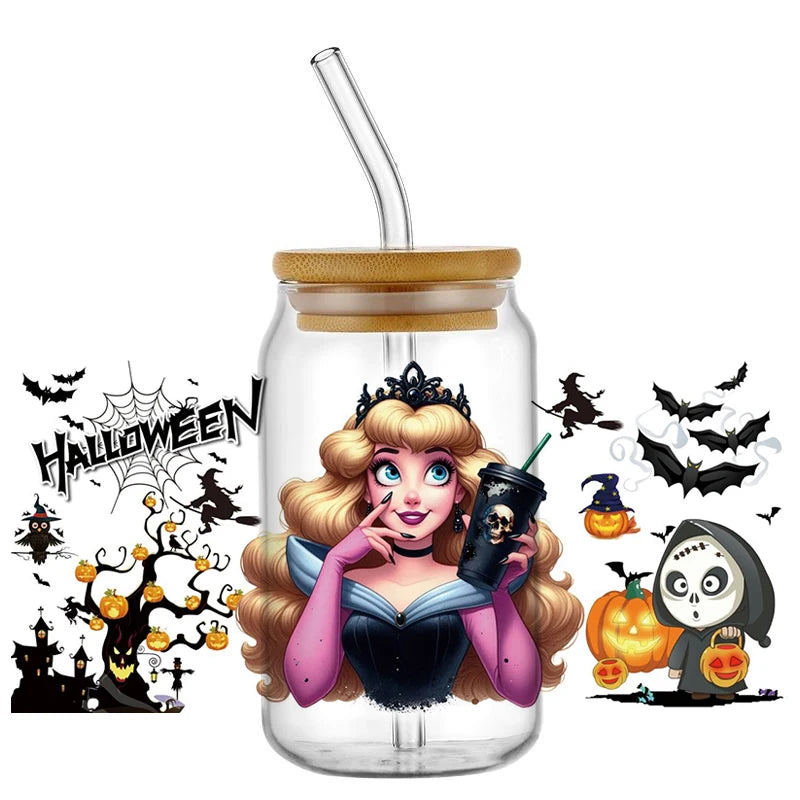 Miniso Halloween Stitch Mixed Cartoon Pattern Transfer Stickers Waterproof UV DTF Cup Wraps 3D Wrap Decal For 16oz Libbey Glass