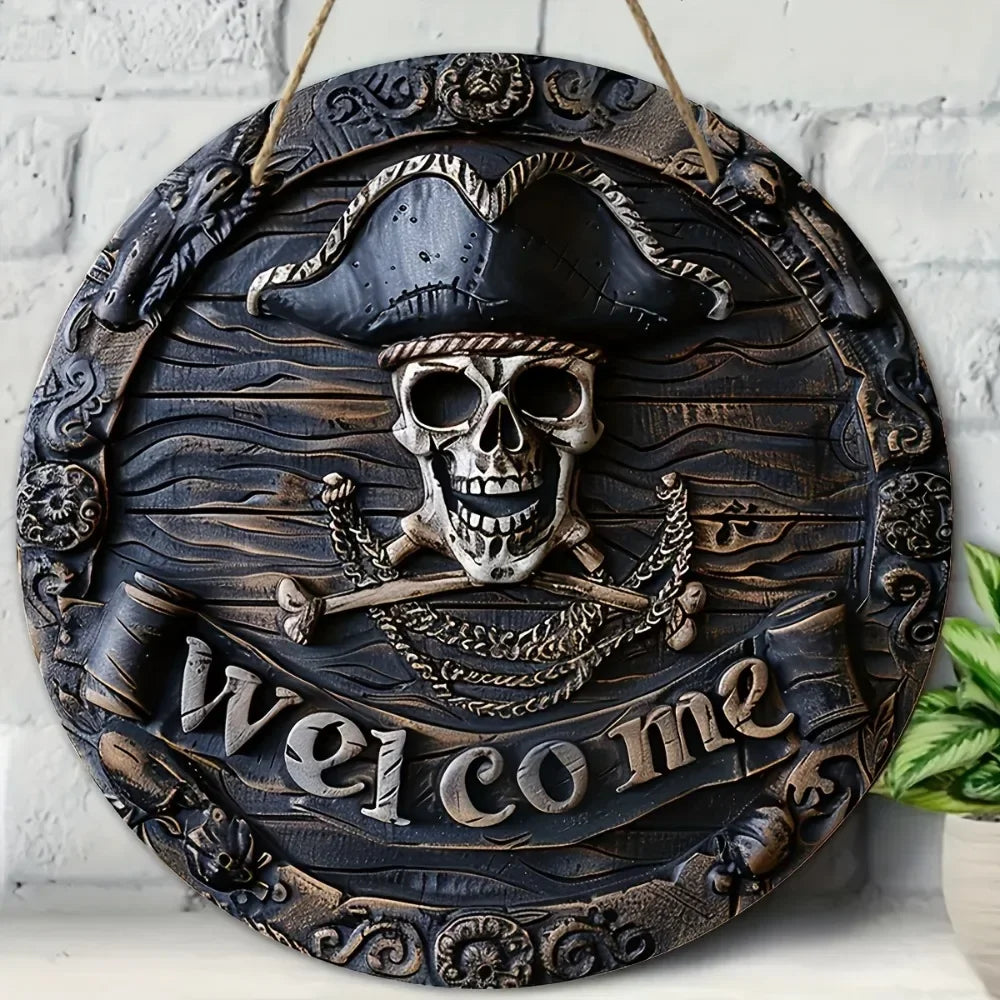 Spooky and Stylish: Pirate Skull Welcome Sign for Unforgettable Decor. Ideal for Halloween Party, a Great Gift Option