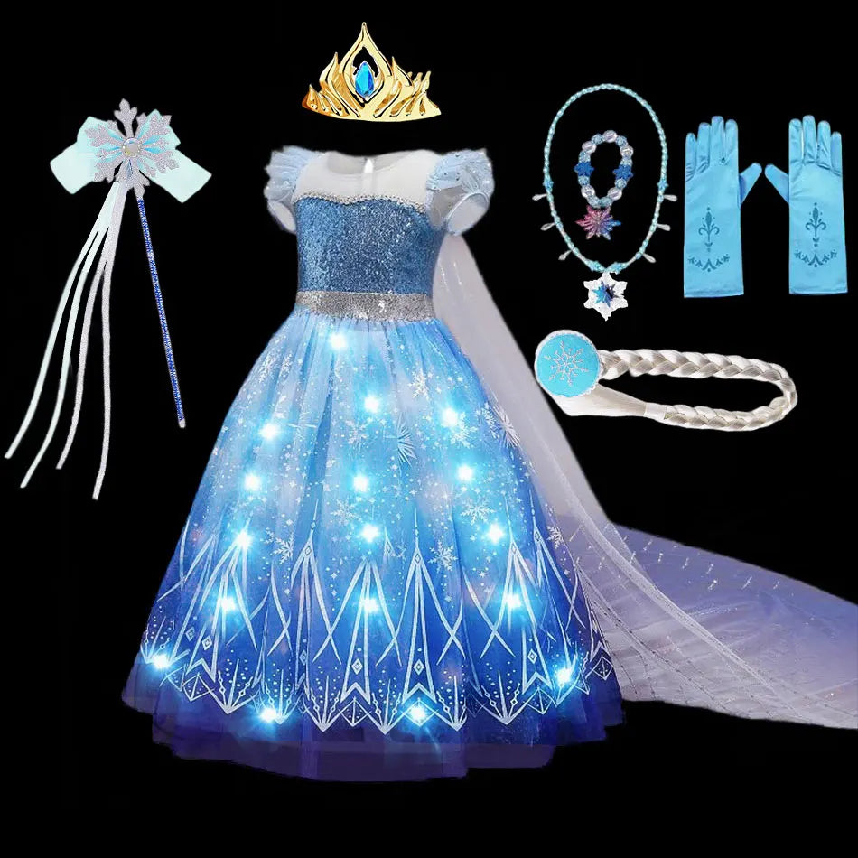 Disney Girl Elsa Role Playing Dress Light Up Kid Halloween Frozen Carnival Apparel Girls Birthday Cosplay Princess Glowing Dress