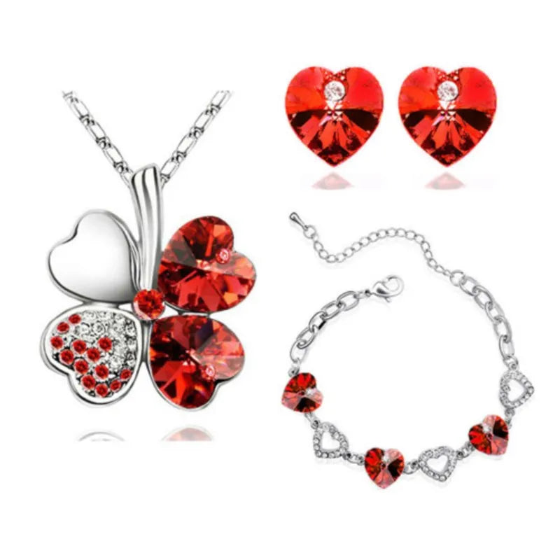 Crystal Clover 4 Leaf leaves Floating heart pendant quality Necklace bracelet Earring fashion jewelry set birthday gift girl wed