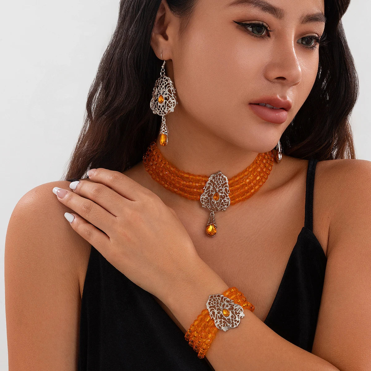 Ingemark Goth Multilayer Crystal Chain Necklace Bracelet Drop Earrings for Women Temperament Jewelry Set Halloween Accessories