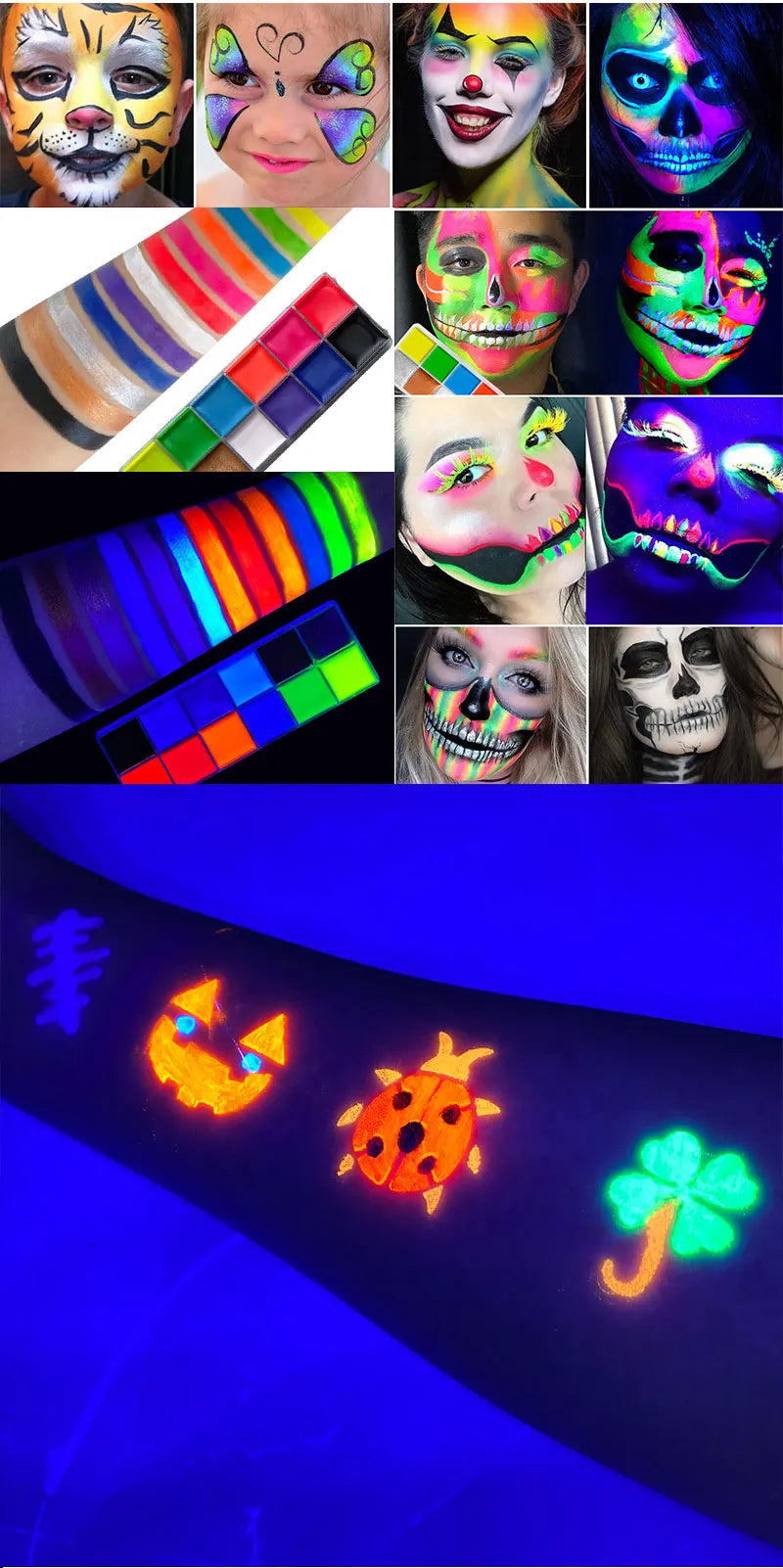 12 Cores UV Glow Paint Fluorescent Neon Oil Face Body Cosmetic Palette for Halloween Party Paint Fancy Dress Kid Cosplay Makeup