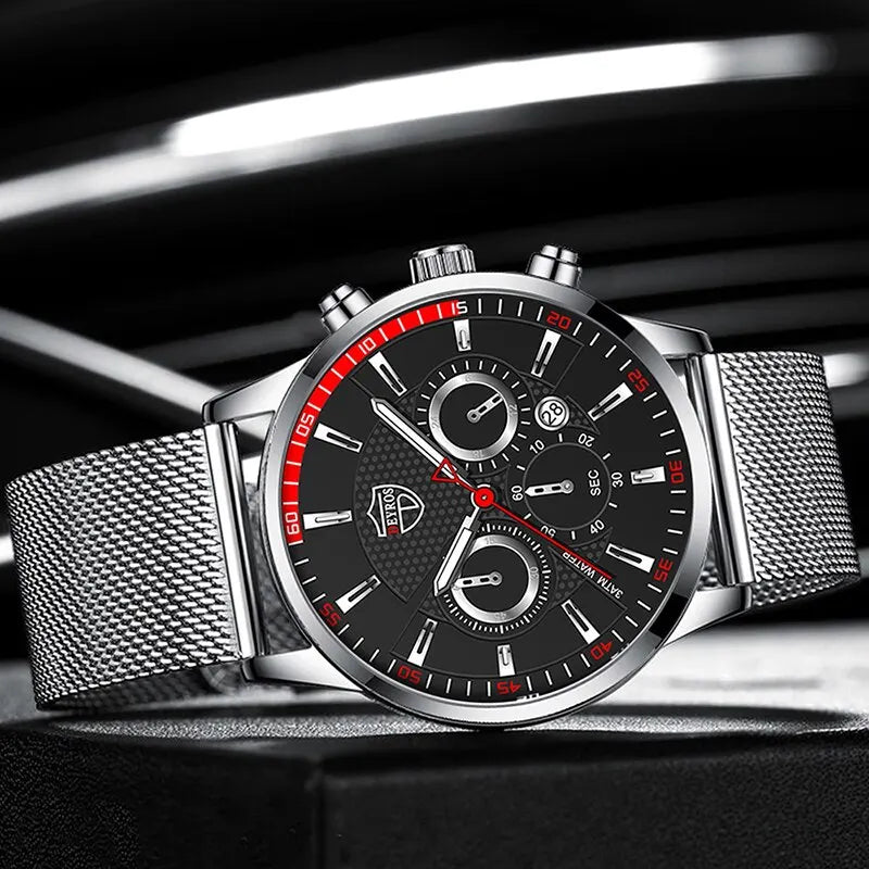 Mens Fashion Sports Watches Men Business Casual Quartz Wrist Watch Luxury Silvery Mesh Belt Watch