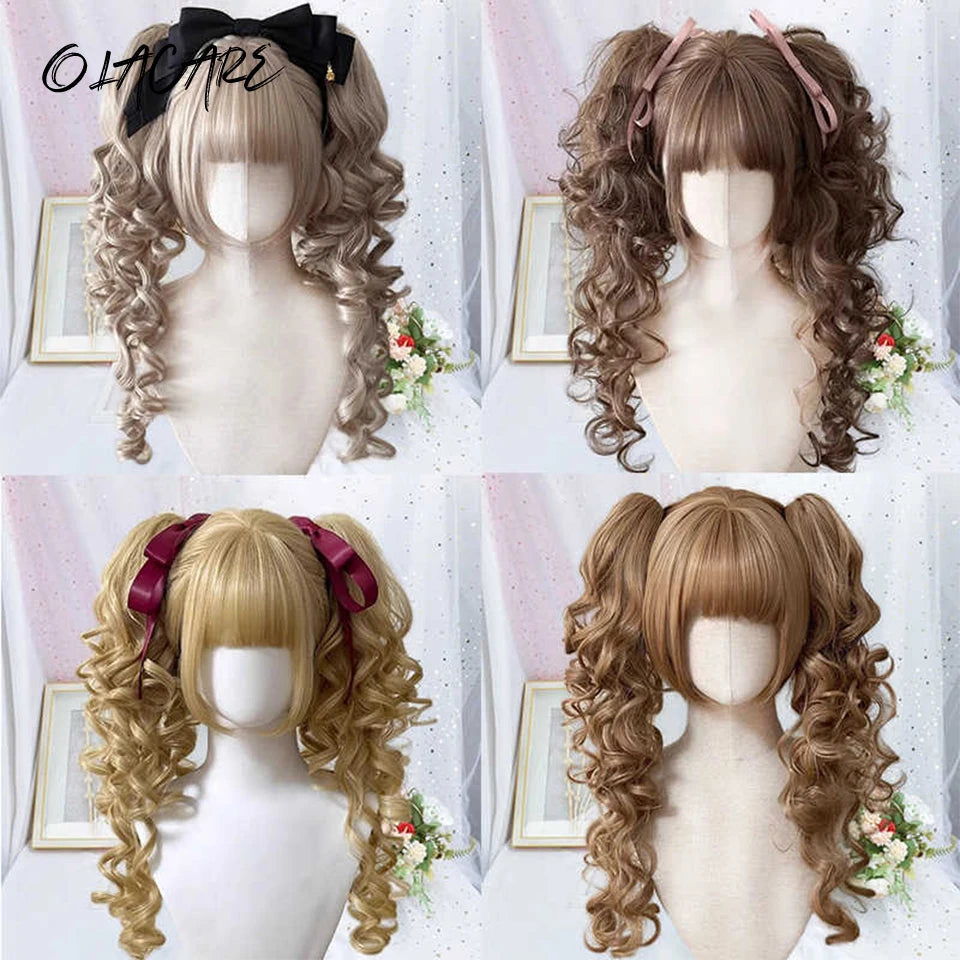 Synthetic Short Lolita Cosplay Christmas Halloween Bob Brown Blonde LM Wig With Long Curly Ponytail Natural Fake Hair for Women