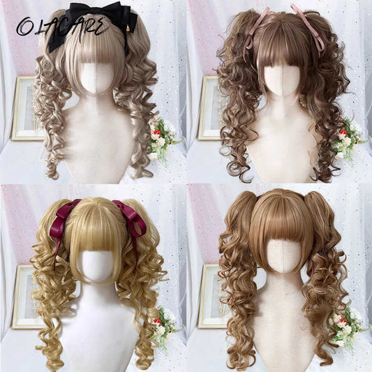 Synthetic Short Lolita Cosplay Christmas Halloween Bob Brown Blonde LM Wig With Long Curly Ponytail Natural Fake Hair for Women
