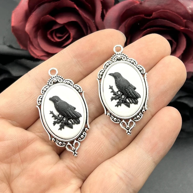 4pcs Gothic Black Crow Silver Plated Framed, Raven Relief Charms Halloween Witch Pendant Fit Jewelry Making DIY Jewelry Finding