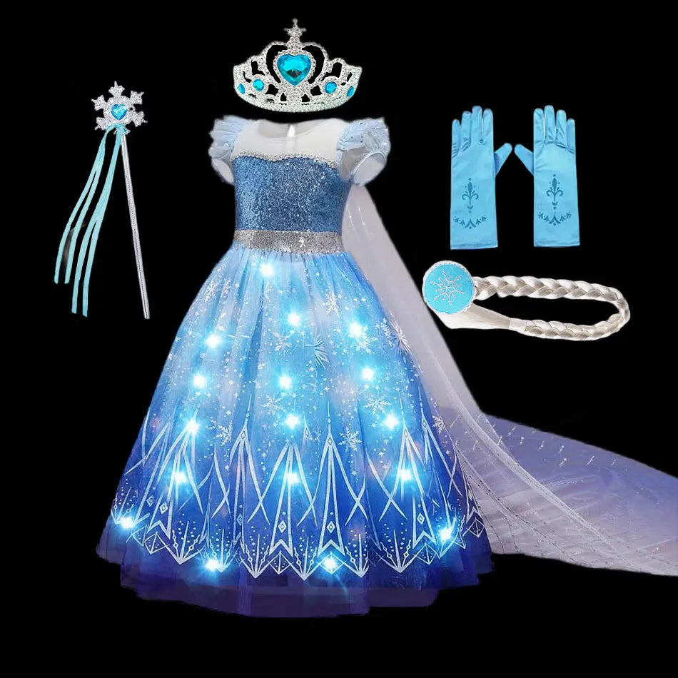 Disney Girl Elsa Role Playing Dress Light Up Kid Halloween Frozen Carnival Apparel Girls Birthday Cosplay Princess Glowing Dress