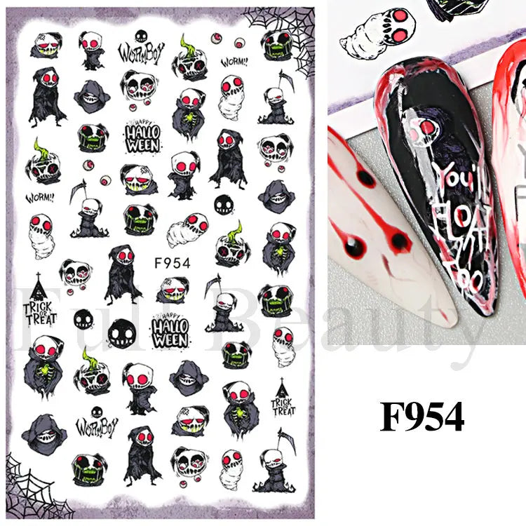 Nail Stickers Halloween Series Bat Skull Bone Ghost Pumpkin Pattern 3D Self Adhesive Decals For Nails Manicure Decoration LATH