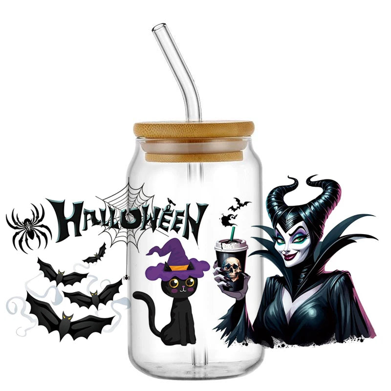 Miniso Halloween Stitch Mixed Cartoon Pattern Transfer Stickers Waterproof UV DTF Cup Wraps 3D Wrap Decal For 16oz Libbey Glass