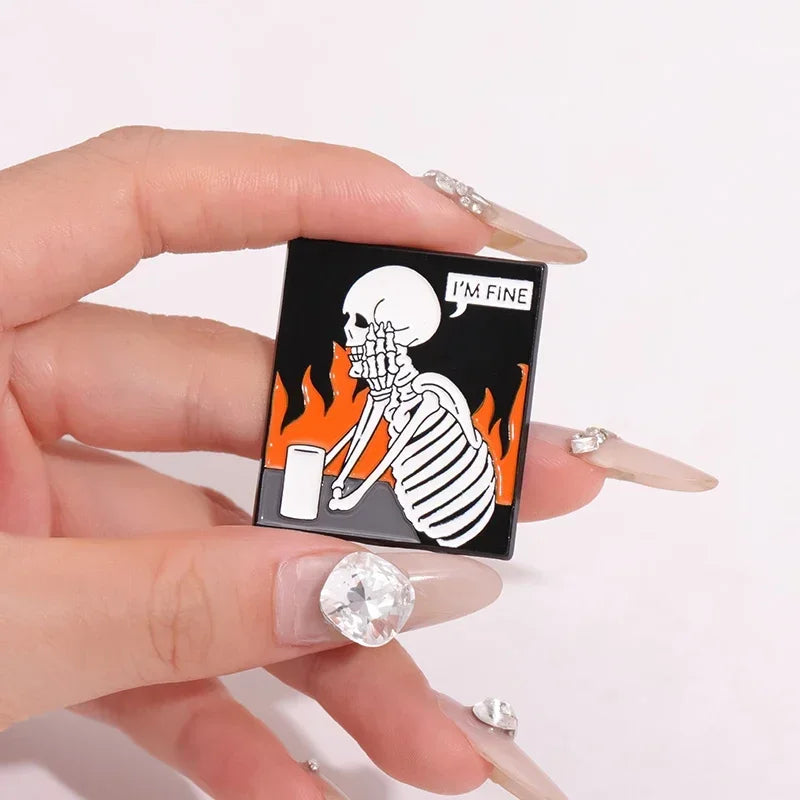Halloween Skeleton Oil Painting Design Enamel Pins I'm Fine Anxiety Overthiking Skull Brooches Lapel Badge Punk Jewelry Gifts
