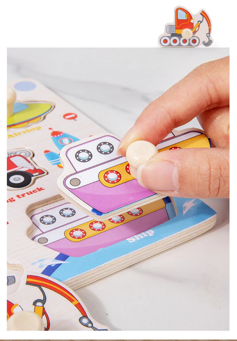 Wooden Puzzle Montessori Toys for Kids Cartoon Animal Traffic Hand Grab Boards Early Learning Educational Toys for Children