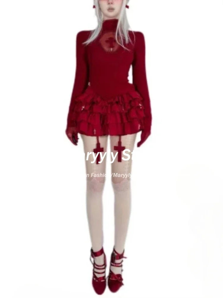 Women Y2k Clothing High Neck Dark Gothic Cross Hollow Slim Bottom Knitted Shirt Halloween Costume Long Sleeve Sexy T-shirt New