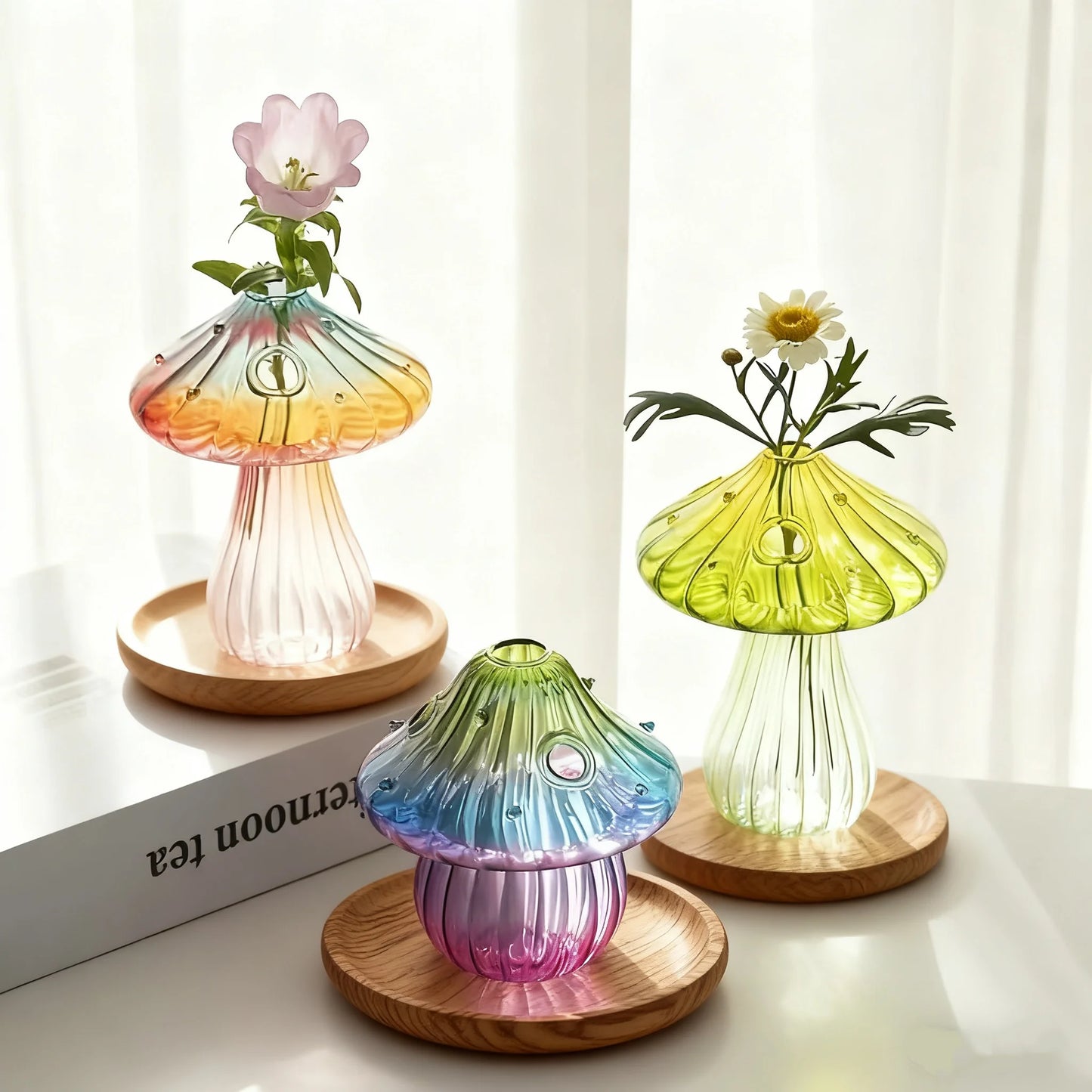 Boho Glass Mushroom Vase - Handcrafted Hydroponic Cylinder Planter for