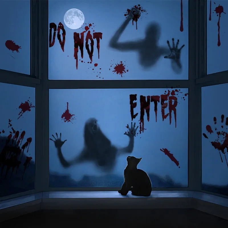 Halloween Decorative Glass Door Stickers Terror Ghost Shadow Blood Handprint Window Stickers Happy Halloween Party Decor