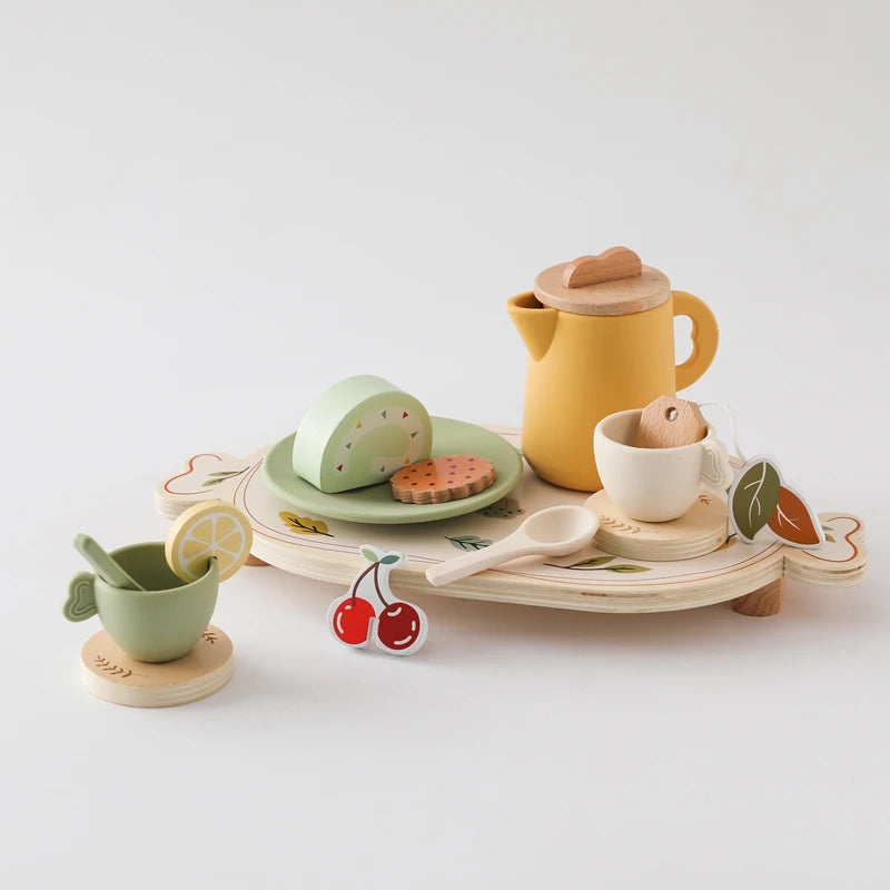 Kids Wooden Montessori Toys Afternoon Tea Set Pretend Play Kitchen Food Learning Role Play Game Baby Early Educational Toys Gift