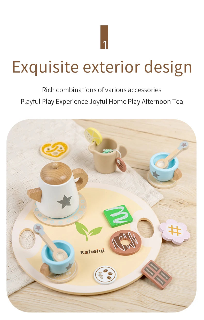Wooden Kitchen Play Toys Kitchen Simulation Tea Set Afternoon Tea Activity Games Pretend Play Kitchen Accessories Toy for Kids