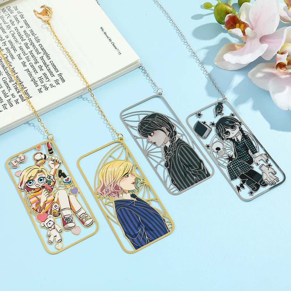 Punk Movie Wednesday Stainless Steel Bookmark Hollow Out Cartoon Halloween Reading Metal Bookmark Stationery Gifts for Men Women