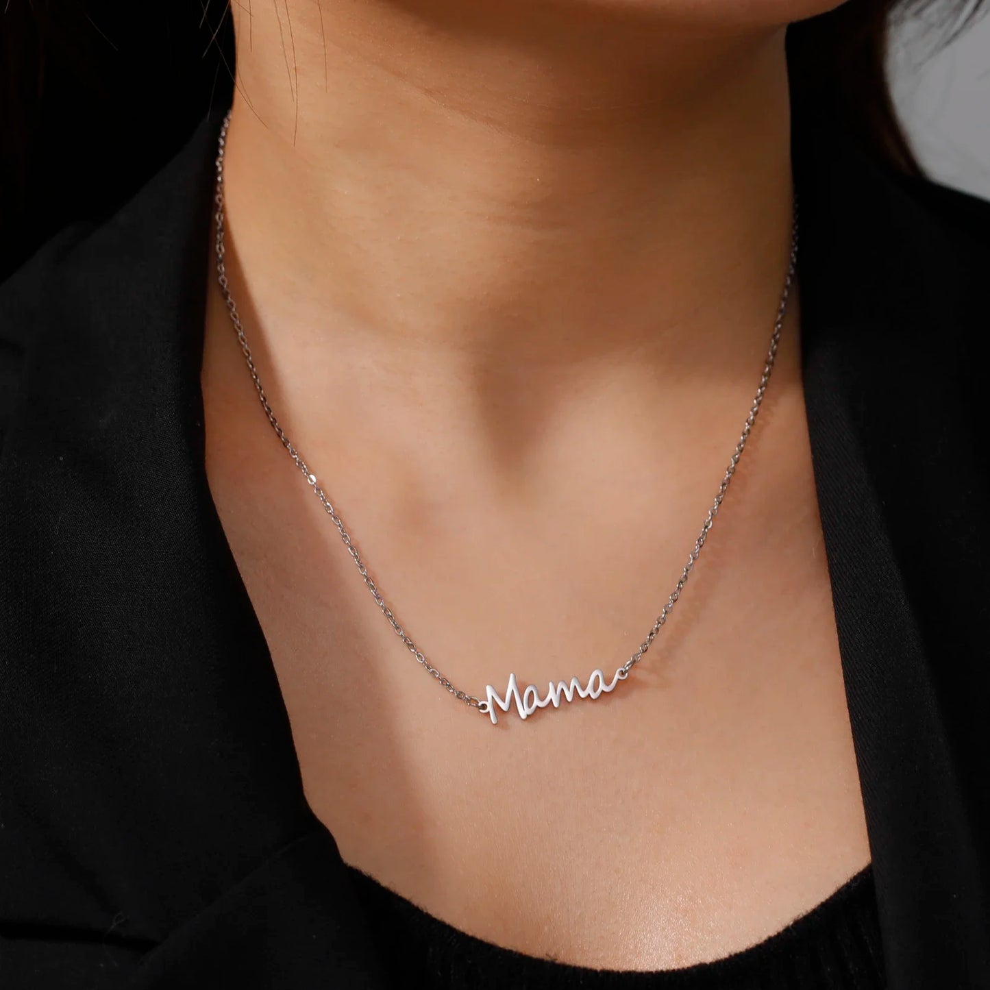 Skyrim Mama Letter Pendant Necklace for Women Stainless Steel Neck Chain Choker Trendy Family Jewelry Mother's Day Gift for Mom